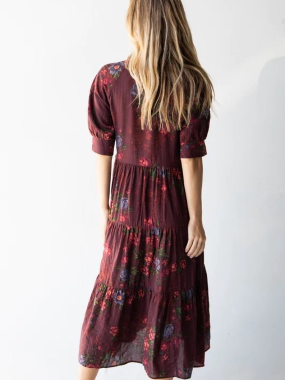 Natural Life Rebecca Burgundy Floral Tiered Boho Maxi Dress Size Small - Picture 4 of 9